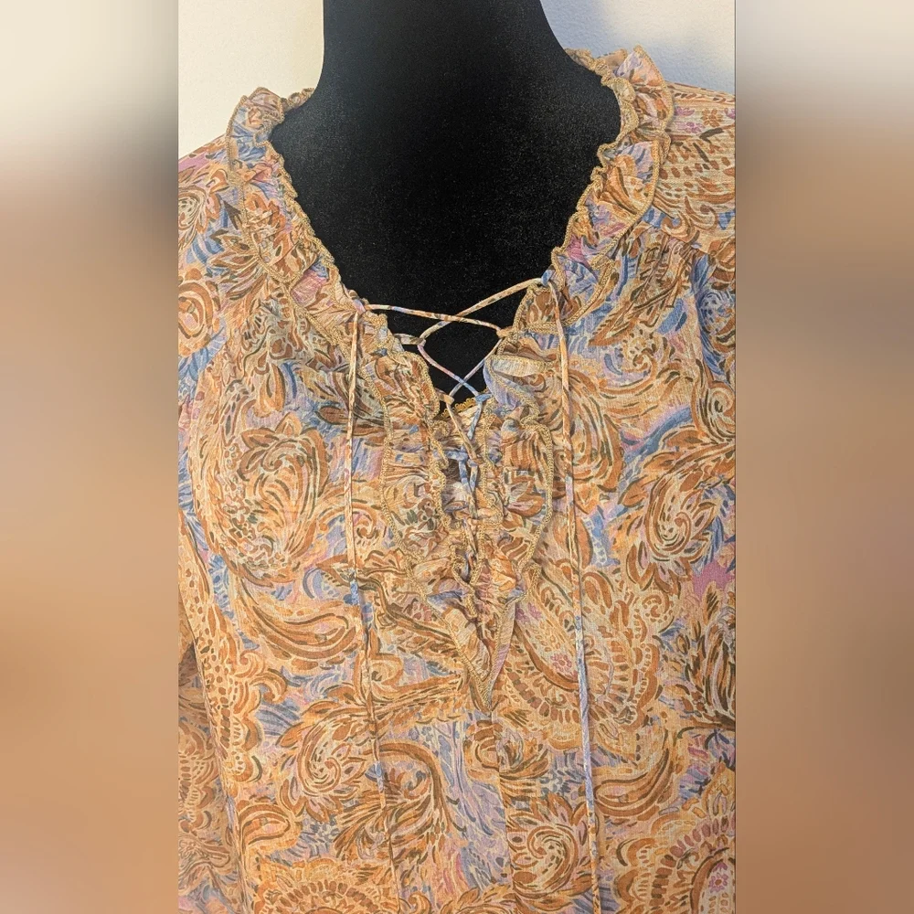 Democracy Womens Yellow Brown Paisley Sheer Peasant Top + Blouse Size L $88 EUC - Picture 3 of 13